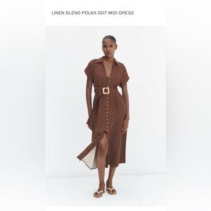 Linen blend polka dot midi dress in brown.